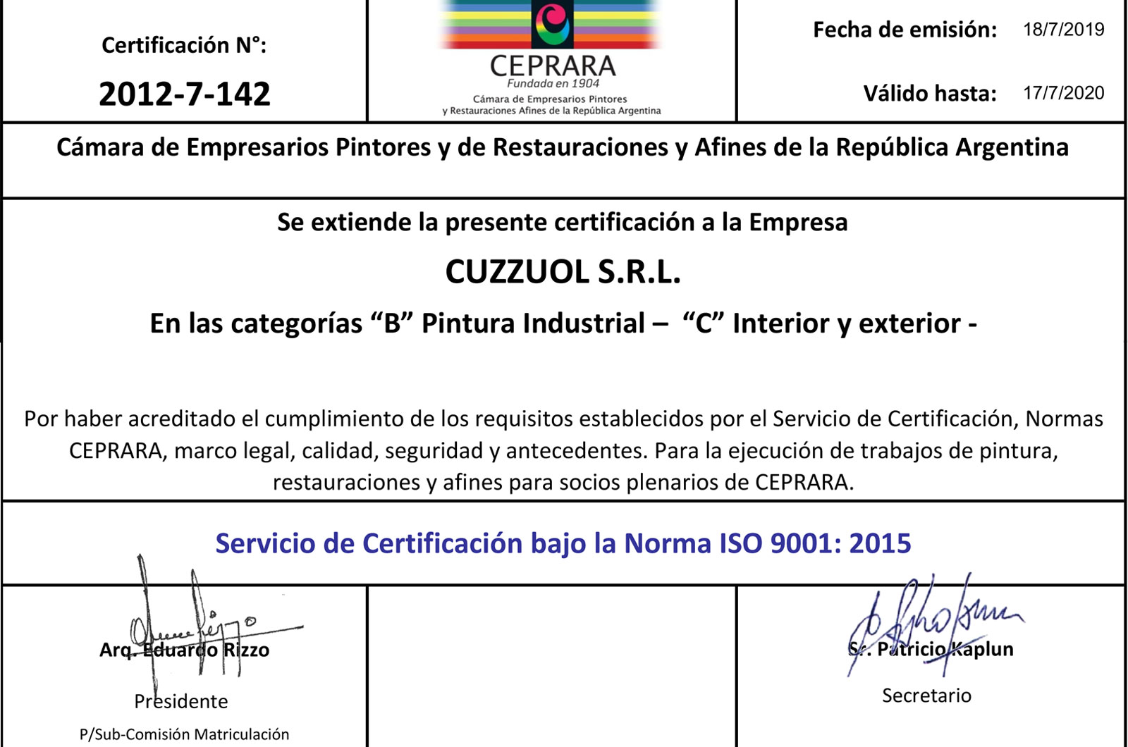 Certificado CEPRARA
